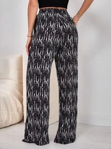 EURMUSE Allover Print Wide Leg Trousers - Black - View 2