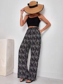 EURMUSE Allover Print Wide Leg Trousers - Black - View 4