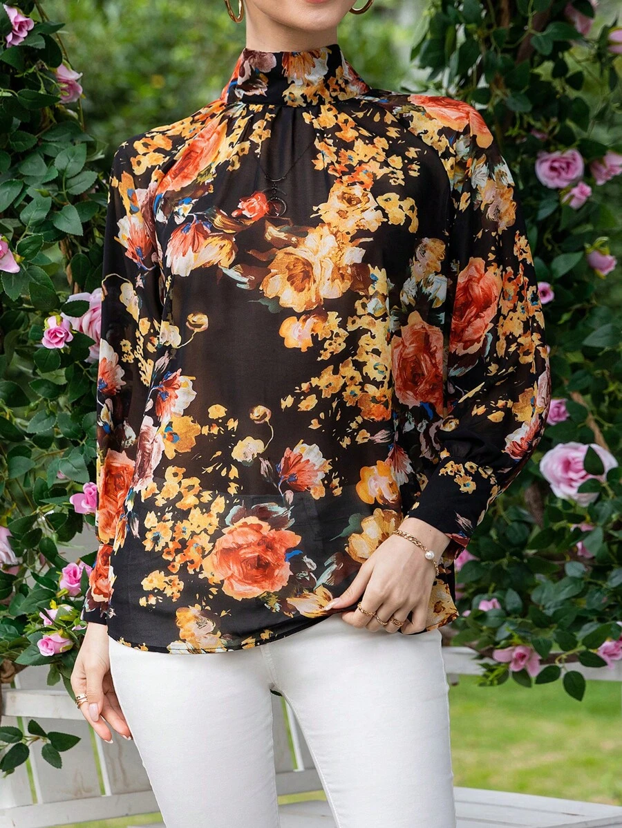 SHEIN Clasi Áo sơ mi nữ Tất cả trên in Hoa Boho - màu đen - Xem 1