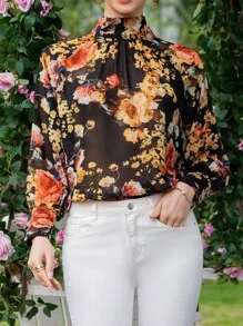 SHEIN Clasi Áo sơ mi nữ Tất cả trên in Hoa Boho - màu đen - Xem 7