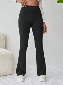 SHEIN PETITE Solid Flare Leg Trousers - Black - View 3
