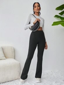 SHEIN PETITE Solid Flare Leg Trousers - Black - View 5