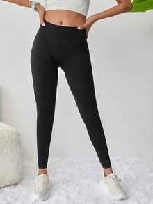 Solid Wideband Waist Leggings - màu đen - Xem 5