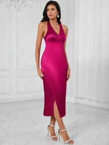 SHEIN BAE Solid Backless Halter Neck Wrap Hem Satin Dress - Hot Pink - View 1