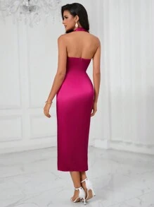 SHEIN BAE Solid Backless Halter Neck Wrap Hem Satin Dress - Hot Pink - View 2