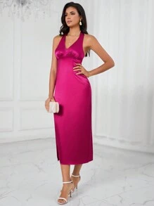 SHEIN BAE Solid Backless Halter Neck Wrap Hem Satin Dress - Hot Pink - View 4