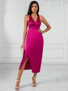 SHEIN BAE Solid Backless Halter Neck Wrap Hem Satin Dress - Hot Pink - View 5