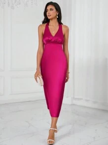 SHEIN BAE Solid Backless Halter Neck Wrap Hem Satin Dress - Hot Pink - View 6
