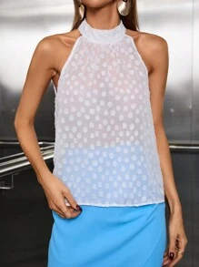 SHEIN Privé Jacquard Keyhole Back Blouse - White - View 3