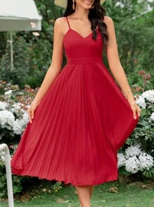 GENKIRA 素色百褶下擺吊帶洋裝 - 紅色 - 查看 6