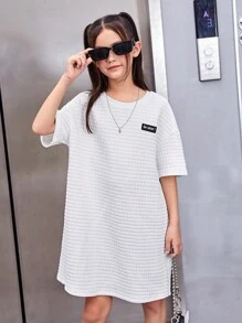 SHEIN Đầm Gái Đắp vá Slogan Giải trí - trắng - Xem 2