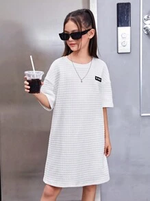 SHEIN Đầm Gái Đắp vá Slogan Giải trí - trắng - Xem 3