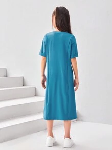 SHEIN Đầm Gái Đắp vá Chia Lá thư Giải trí - Màu xanh bụi bặm - Xem 4