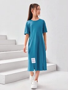 SHEIN Đầm Gái Đắp vá Chia Lá thư Giải trí - Màu xanh bụi bặm - Xem 5