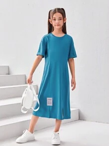 SHEIN Đầm Gái Đắp vá Chia Lá thư Giải trí - Màu xanh bụi bặm - Xem 6