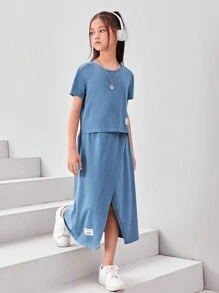 SHEIN 女孩字母貼布T恤和裹身半身裙 - 霧霾藍 - 查看 3