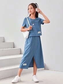 SHEIN 女孩字母貼布T恤和裹身半身裙 - 霧霾藍 - 查看 2