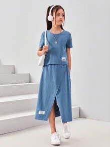 SHEIN 女孩字母貼布T恤和裹身半身裙 - 霧霾藍 - 查看 5