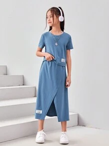 SHEIN 女孩字母貼布T恤和裹身半身裙 - 霧霾藍 - 查看 6