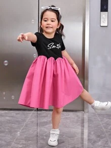 SHEIN Cô Gái Trẻ Đồ họa Chữ cái Hai âm Váy Smock - Nhiều màu - Xem 4