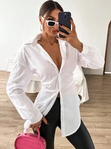 GENKIRA Áo sơ mi nữ Nút phía trước màu trơn Giải trí - trắng - Xem 1
