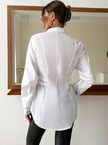 GENKIRA Áo sơ mi nữ Nút phía trước màu trơn Giải trí - trắng - Xem 2