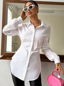 GENKIRA Áo sơ mi nữ Nút phía trước màu trơn Giải trí - trắng - Xem 3