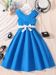 SHEIN 女大童素色不對稱領連衣裙 - 藍色 - 查看 1