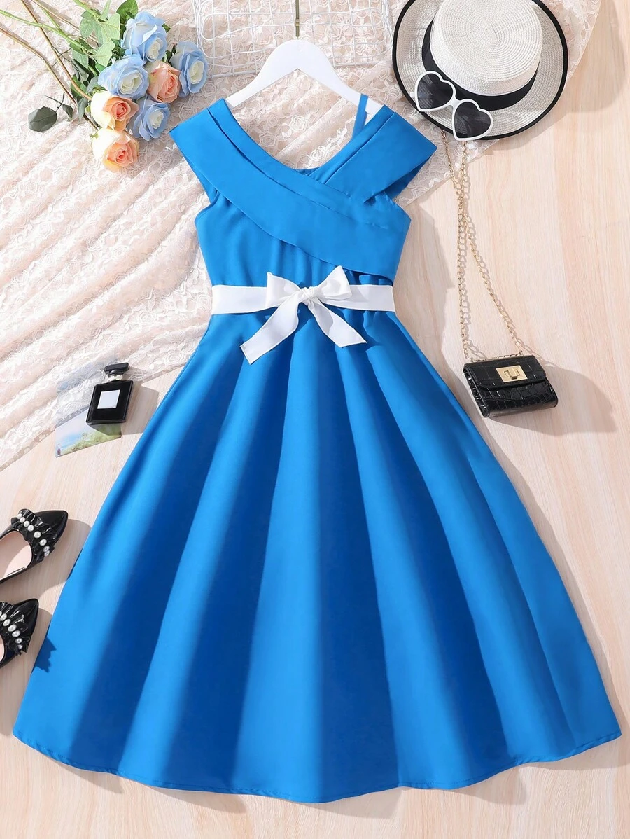 SHEIN 女大童素色不對稱領連衣裙 - 藍色 - 查看 1