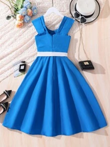 SHEIN 女大童素色不對稱領連衣裙 - 藍色 - 查看 2