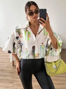 GENKIRA Áo sơ mi nữ Nút phía trước Con số Giải trí - Nhiều màu - Xem 4