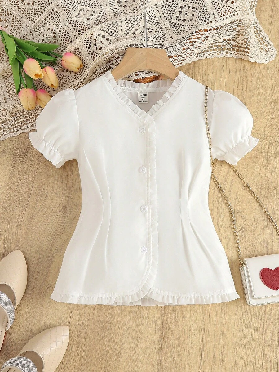女孩褶邊泡泡袖拼接細節襯衫 - 白色 - 查看 1