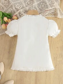 女孩褶邊泡泡袖拼接細節襯衫 - 白色 - 查看 2