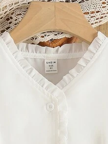 女孩褶邊泡泡袖拼接細節襯衫 - 白色 - 查看 5