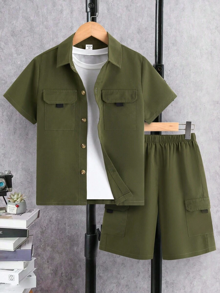 SHEIN 男孩翻蓋口袋襯衫和短褲不帶T恤 - 軍綠色 - 查看 1