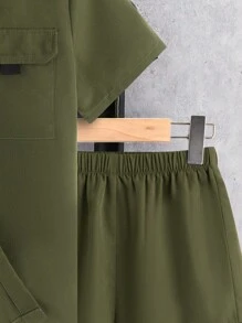 SHEIN 男孩翻蓋口袋襯衫和短褲不帶T恤 - 軍綠色 - 查看 3