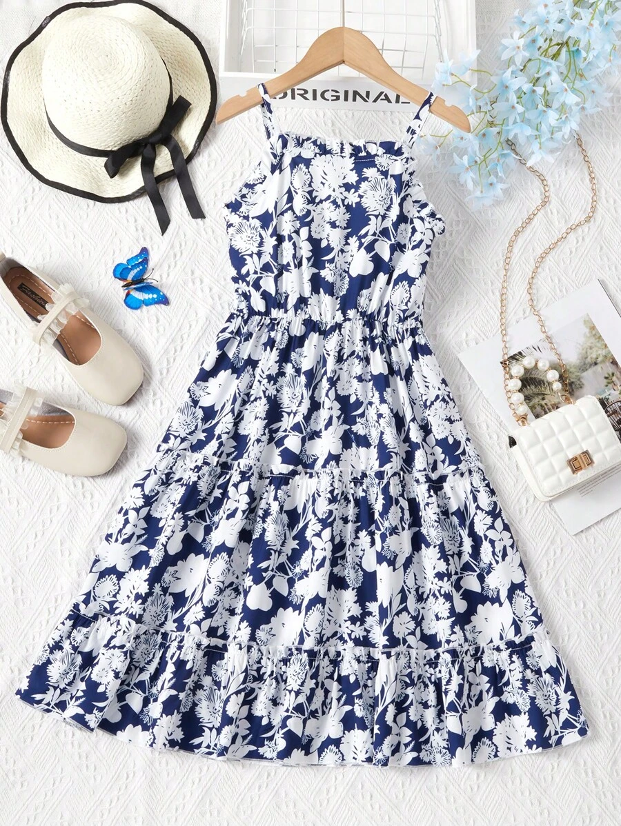 cô gái mười hai In hoa Xù Hoa Sen Váy Dây - Xanh và trắng - Xem 1