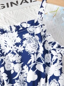 cô gái mười hai In hoa Xù Hoa Sen Váy Dây - Xanh và trắng - Xem 3