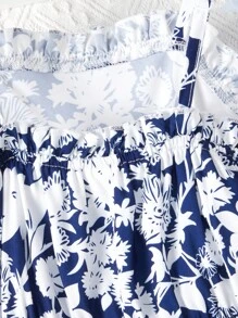 cô gái mười hai In hoa Xù Hoa Sen Váy Dây - Xanh và trắng - Xem 4