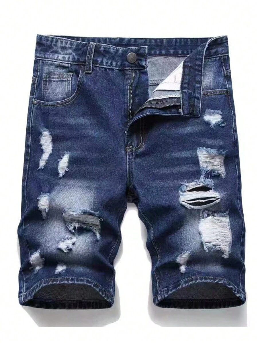 Pantalones cortos vaqueros desgarrados y desteñidos para hombres