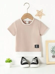 SHEIN Baby Letter Patched Detail 2 In 1 Tee - Khaki - View 1