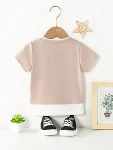 SHEIN Baby Letter Patched Detail 2 In 1 Tee - Khaki - View 2