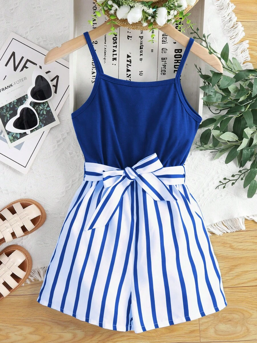 女孩條紋印花腰帶吊帶連體短褲 - 藍白色 - 查看 1