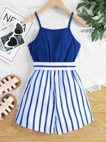 女孩條紋印花腰帶吊帶連體短褲 - 藍白色 - 查看 2
