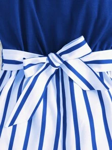 女孩條紋印花腰帶吊帶連體短褲 - 藍白色 - 查看 3