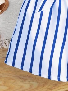 女孩條紋印花腰帶吊帶連體短褲 - 藍白色 - 查看 5