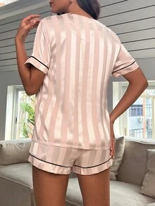 Panda Embroidery Contrast Piping PJ Set - Multicolor - View 2