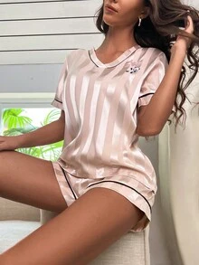 Panda Embroidery Contrast Piping PJ Set - Multicolor - View 4