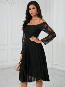 SHEIN Privé Off Shoulder Lace Bodice Pleated Hem Dress