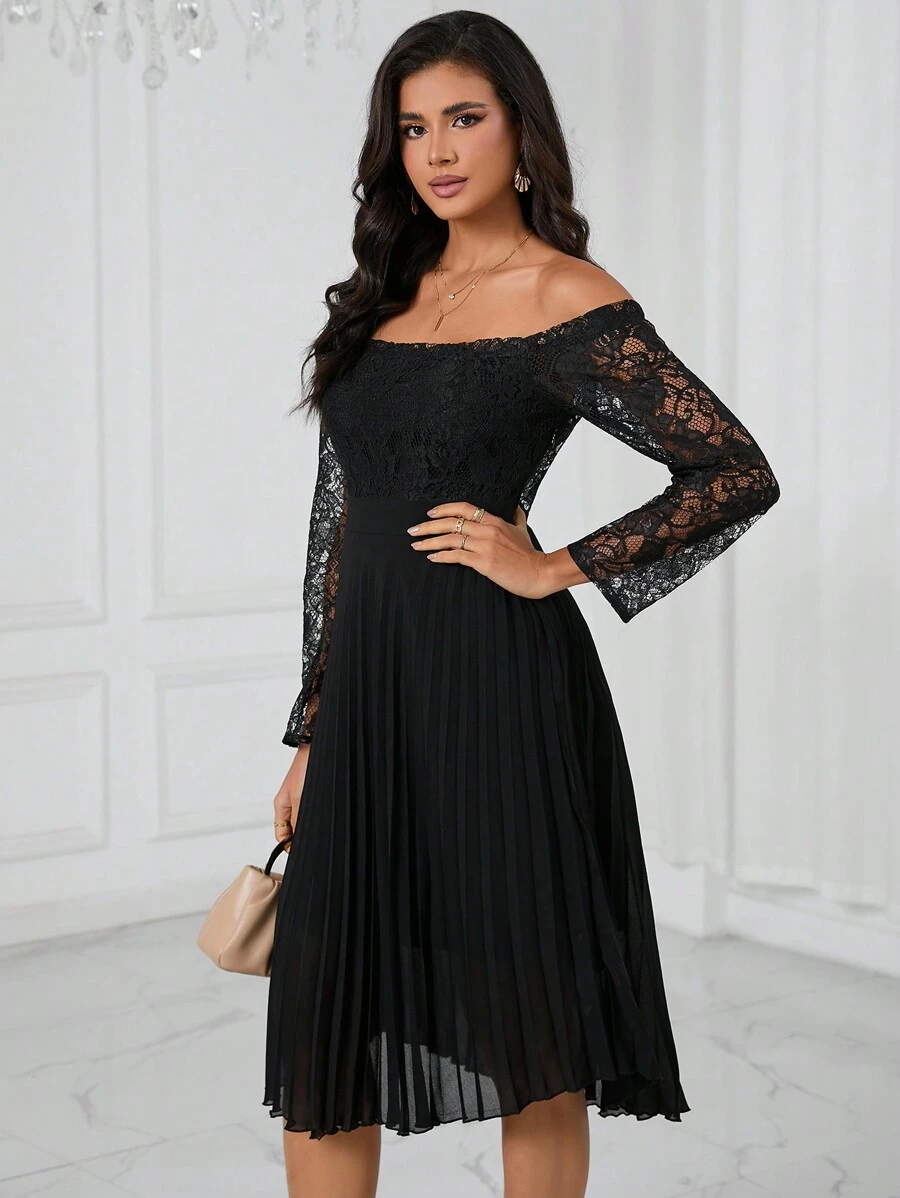 SHEIN Privé Off Shoulder Lace Bodice Pleated Hem Dress